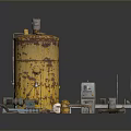 Collection of Industrial Mechanical Parts Including Rusty Tank Pipes and Metal Frame