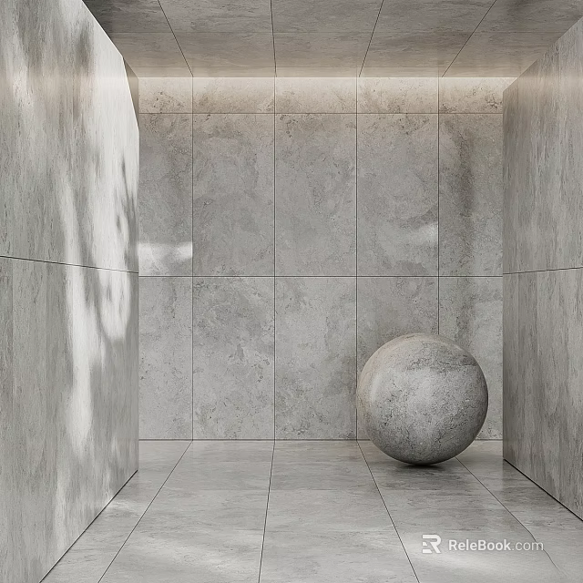 Grey Stone Sphere Component In Minimalist Interior With Tiled Walls And Floor 3d model 
