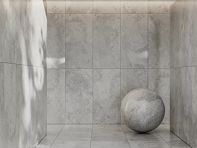 Grey Stone Sphere Component In Minimalist Interior With Tiled Walls And Floor 3d model