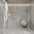 Grey Stone Sphere Component In Minimalist Interior With Tiled Walls And Floor