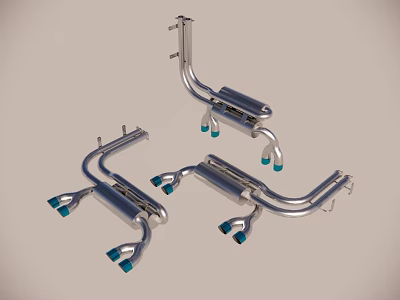 Three Metallic Car Exhaust Pipes With Blue Tips And Different Designs 3d model