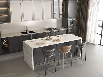 Modern Kitchen Bar Area With Marble Countertop And Bar Stools 3d model