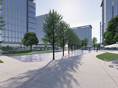 Modern Industrial Park With Glass Curtain Buildings Trees Pedestrian Walkway And Lawn 3d model