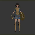 Warrior Game and Movie Female Character With Blue Armor Golden Details Sword and Shield
