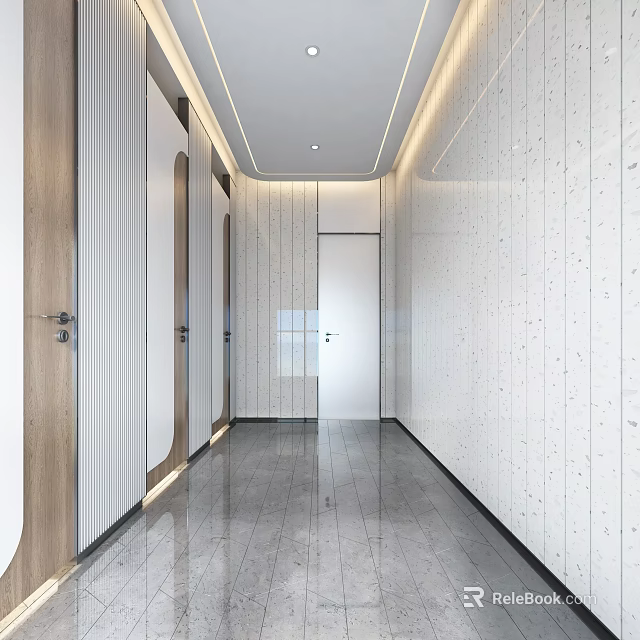 Modern Public Restroom Corridor Featuring White Walls Wooden Doors Gray Floor Tiles And Light Strips 3d model 