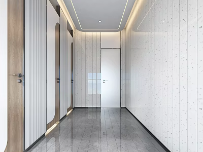 Modern Public Restroom Corridor Featuring White Walls Wooden Doors Gray Floor Tiles And Light Strips 3d model