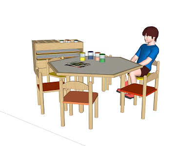 Wooden Hexagonal Children's Table with Chairs and Art Supplies for Kids 3d model