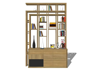 Modern Wooden Bookshelf With Open Shelves Books And Decorative Storage Cabinets 3d model