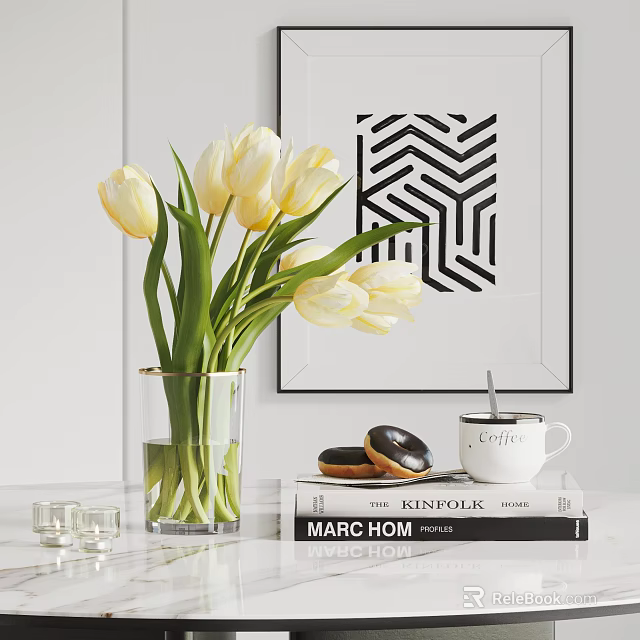 White tulips in glass vase with stacked books donuts coffee cup and geometric wall art 3d model 