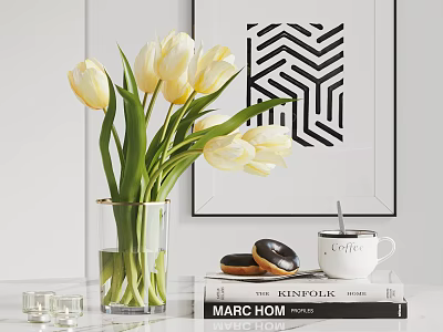 White tulips in glass vase with stacked books donuts coffee cup and geometric wall art 3d model