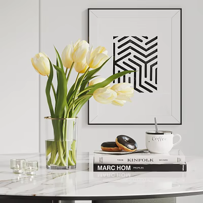 White tulips in glass vase with stacked books donuts coffee cup and geometric wall art 3d model
