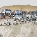 Abandoned Rusted Metal Construction Components With Scattered Stones And Sandy Soil