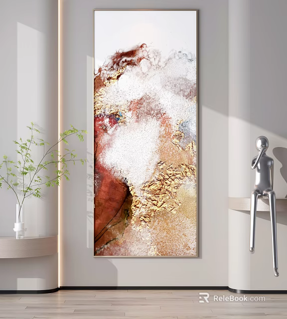 Vibrant Abstract Painting With Red White Gold Texture In Room With Green Plant And Sculpture 3d model 