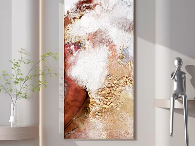 Vibrant Abstract Painting With Red White Gold Texture In Room With Green Plant And Sculpture 3d model
