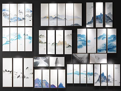 Chinese Landscape Paintings In Various Styles With Multi Panel Designs And Ink Wash Tones 3d model