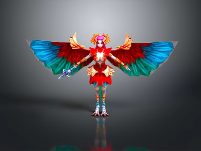 Vibrant Parrot Mythical Character With Colorful Wings Red Gold Costume Headdress And Weapon 3d model