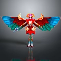 Vibrant Parrot Mythical Character With Colorful Wings Red Gold Costume Headdress And Weapon