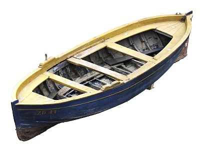 Vintage Blue and Yellow Wooden Boat Marked ZD 11 with Interior Wooden Seats 3d model