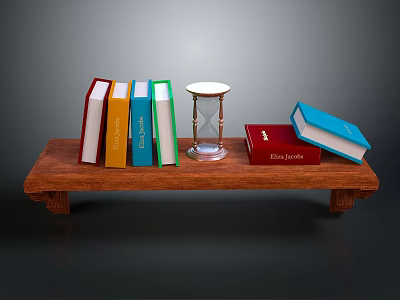 Wooden Tabletop Shelf Display with Colorful Books Hourglass and Red Box 3d model