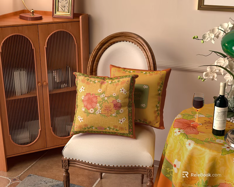 Yellow Floral Decorative Pillows on Vintage Wooden Chair with Floral Tablecloth Wine and White Orchid 3d model 