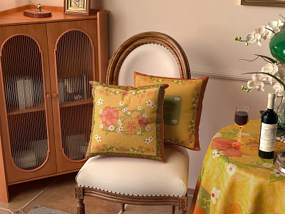 Yellow Floral Decorative Pillows on Vintage Wooden Chair with Floral Tablecloth Wine and White Orchid 3d model