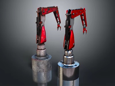 Red Industrial Mechanical Arms With Metal Bases And Articulated Joints Design 3d model
