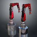 Red Industrial Mechanical Arms With Metal Bases And Articulated Joints Design