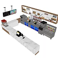 Modern Reception Counter With White Marble Top Blue Cabinets Upper Shelves And Product Displays
