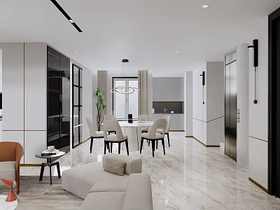 Modern Living and Dining Room Interior With Sofa Dining Table And Pendant Light 3d model