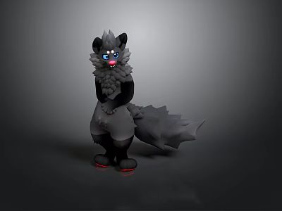Gray Fluffy Animal with Blue Eyes Wearing Shorts Black Paws and Red Soles 3d model