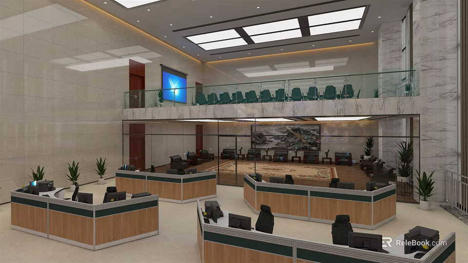 Modern Control Room Interior Design With Workstations Monitoring Screens And Upper Seating 3d model 