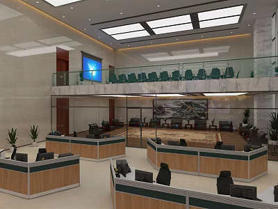 Modern Control Room Interior Design With Workstations Monitoring Screens And Upper Seating 3d model