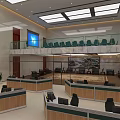 Modern Control Room Interior Design With Workstations Monitoring Screens And Upper Seating