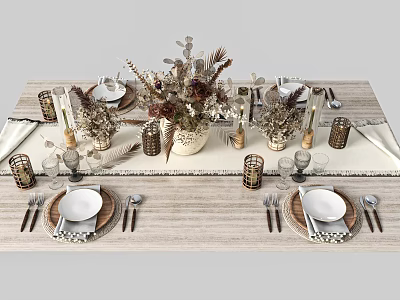 Natural Cozy Tableware Set With Plates Cutlery Vase And Candle Holders 3d model