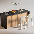 Modern Bar Counter With Black Countertop Wooden Cabinets White Stools Sink Fruit Bowl And Plant
