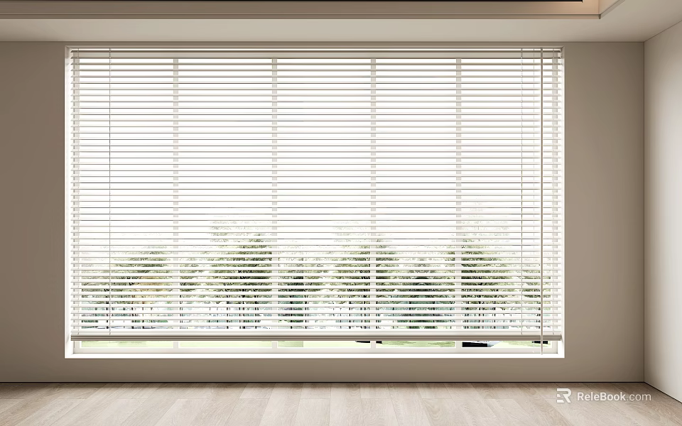 White Window Blinds Covering Large Window With Trees Outside And Bright Interior 3d model 
