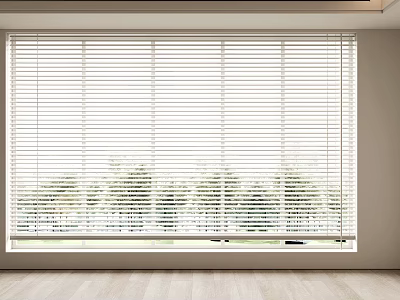 White Window Blinds Covering Large Window With Trees Outside And Bright Interior 3d model