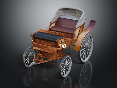 Vintage Horse Carriage With Wooden Structure Brown Seats White Canopy And Large Wheels 3d model