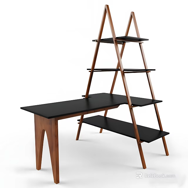 Modern Wooden Desk Featuring Black Surface And Ladder Shelf Storage 3d model 