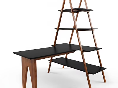 Modern Wooden Desk Featuring Black Surface And Ladder Shelf Storage 3d model
