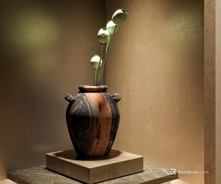 Earthenware Brown Black Vase With Green Buds Flowers On Square Base Against Light Brown Wall 3d model 