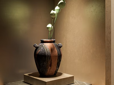 Earthenware Brown Black Vase With Green Buds Flowers On Square Base Against Light Brown Wall 3d model