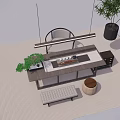 Modern Wooden Tea Table and Chairs with Hanging Lights and Potted Plants on Indoor Rug
