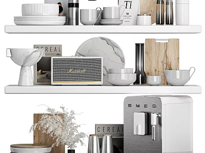 Organized Household Items on Shelves with Ceramic Bowls Mugs and Wooden Tray 3d model