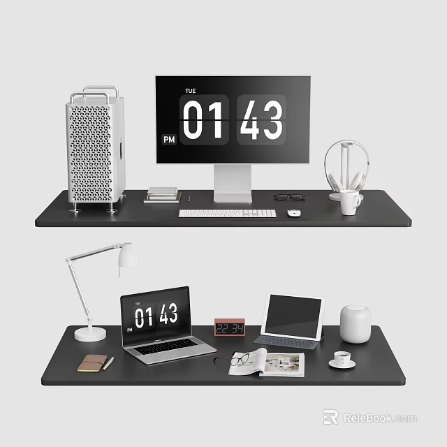 Desk Decorative Ornament Combination With Digital Clock Laptop Lamp And Stationery 3d model 