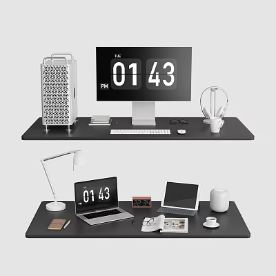 Desk Decorative Ornament Combination With Digital Clock Laptop Lamp And Stationery 3d model