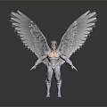 Shiny Metallic Silver Winged Humanoid Sculpture With Detailed Muscles And Outstretched Wings