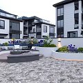 Modern Villa Courtyard Garden With Green Plants Purple Flowers Sofa And Stone Paved Floor