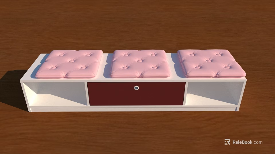 White Frame Display Shelf With Maroon Drawer And Three Pink Button Tufted Padded Seats 3d model 