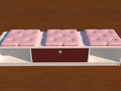 White Frame Display Shelf With Maroon Drawer And Three Pink Button Tufted Padded Seats 3d model